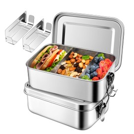 Homikit Lunch Box with Compartments, Pack of 2 Stainless Steel Bento Box Lunch Box for Children and Adults, Lunch Box with Removable Divider, Leak-proof & Sealing Ring, 1400 ml + 1400 ml