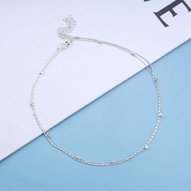 Iaceble Boho Layered Choker Necklace Mini Ball Chain Necklace Silver Beaded Necklace Choker Beads Station Necklace Jewelry for Women