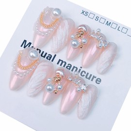 Nails Handmade Press on Nail Medium Long Almond, 3D Mermaid Fake Nail with Designs, Women Reusable False Nails (Aurora Pink, M)