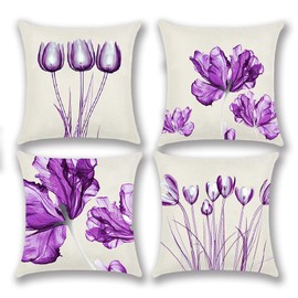 Outdoor Spring Floral Pillow Covers 18x18, Purple Living Room Couch Sofa Tulip Flower Pillow Garden Cushion Covers Summer Cushion Case for Home Secoration, 4 Pack