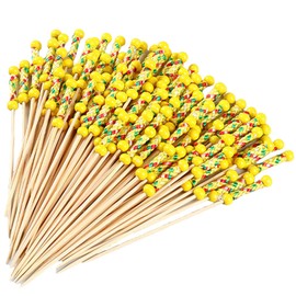 JYJLLM 100 Pack Wooden Cocktail Picks - Natural Eco-Friendly Party & Appetizer Picks for Finger Food, Fruits, Canapés, Wedding Buffet - Elegant Pearl Design (Yellow)