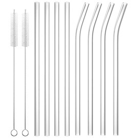 8 PCS Reusable Glass Drinking Straw, Replacement Straw 9.84'' x 10MM Clear Practical Straw for Cocktail Tumblers Smoothie Straws 4 Straight 4 Bent with 2 Cleaning Brush for Coffee Tea Juice Milkshake