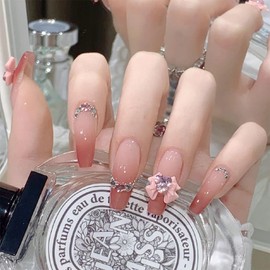 XUZOO Nail Tip, Cute, Stylish, Popular, Simple, Bride, Nail Tip, Three-Dimensional, False Nails, Wedding, False Claws, Crystal, Pearl, Butterfly, Flower, Ribbon, 3D Nail Tip, Short and Long, Hand Nail