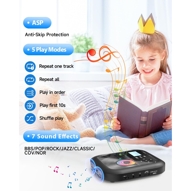 Erasiny Bluetooth CD Player Portable with FM Transmitter and Dual
