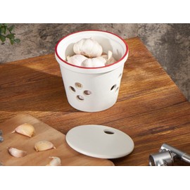 ONEMORE Large Garlic Keeper for Counter, Garlic Holder Countertop Garlic Storage Container with Lid, Ceramic Garlic Jar Garlic Saver Keeper for Fridge - 5 inches, White