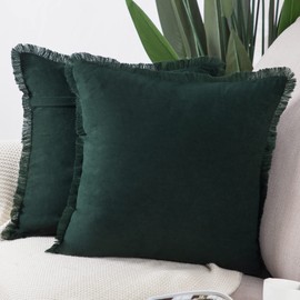 Madizz Set of 2 Suede Cushion Covers with Fringe Tassels 26x26 inch, 65x65 cm, Dark Green Soft Decorative Throw Pillow Cases for Sofa Bedroom Pillow Shell