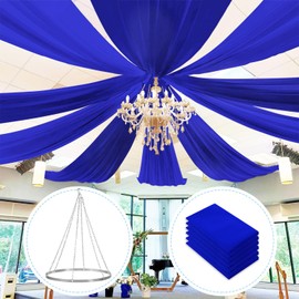 FUHSY Blue Ceiling Drapes Ceiling Draping Hanging Kit 6 Panels 5ft x 10ft Royal Blue Wedding Arch Draping Fabric Chiffon Sheer Ceiling Curtains for Bedroom Party Ceiling Decor with Metal Hoop Ring