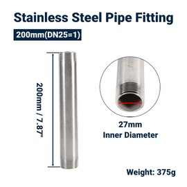 1 x 200 mm BSP 1 Inch Pipe Double Nipple Stainless Steel Pipe SS304 Outer Pipe with Male Thread for Air Pipe, Fuel Pipe, Water Pipe, DIY Decoration Project (DN25 x 200 mm = 1)