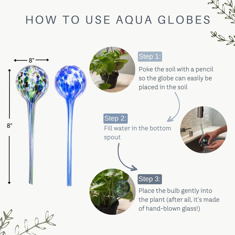 Aqua Globes - 2 Pack - Decorative Hand-Blown Glass Plant