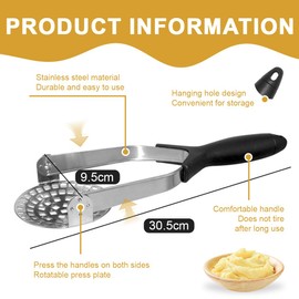 KIRZAX Potato Masher Stainless Steel, Potato Masher with Rubber Handle, One Piece Potato Masher, Potato Masher for Dishwasher-Safe, Mashed Potatoes, Vegetables, Fruits