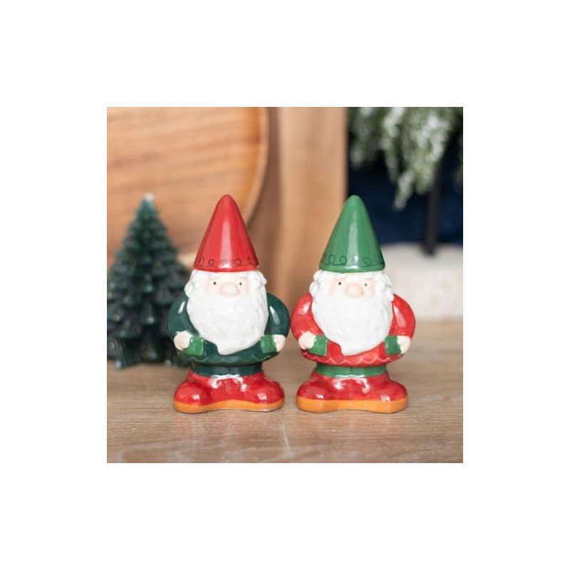 Gnome Salt and Pepper Shaker Set, Ceramic, Red and Green