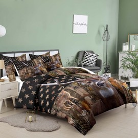 NINENINE Deer Bedding Set - Boys Full Size American Flag Camo Western Wildlife Theme Hunted Animal Comforter with 1 Comforter 2 Pillowcases