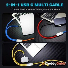 chubbycable 2 in 1 100W Charge Cable Durable Fast Multi Charging Cable Ultra-Thick Silicone Universal Multiple USB Cable, Black, Type-C to Type-C+Type-C, 4.2FT