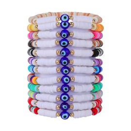 Ornaland 12 Pcs 12 Colors Evil Eye Beaded Bracelets Set Heisih Polymer Clay Stretch Surfer Bracelets Multilayer Stackable Mixed Color Beads Bracelets for Summer Beach