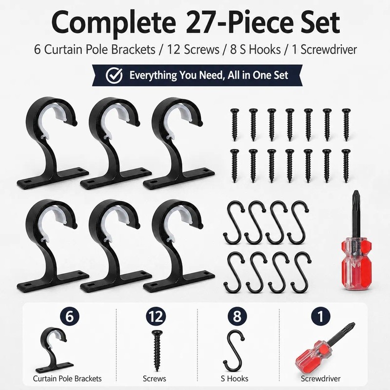 Soyinht 6PCS Curtain Pole Brackets, 8.3cm Black Metal Holders with