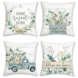 Bonhause Set of 4 Cushion Covers, Eucalyptus Leaves, 45 x 45 cm, Blue, Lorry, Home, Sweet Home, Velvet, Soft, Decorative Cushion Covers for Home, Garden Decoration