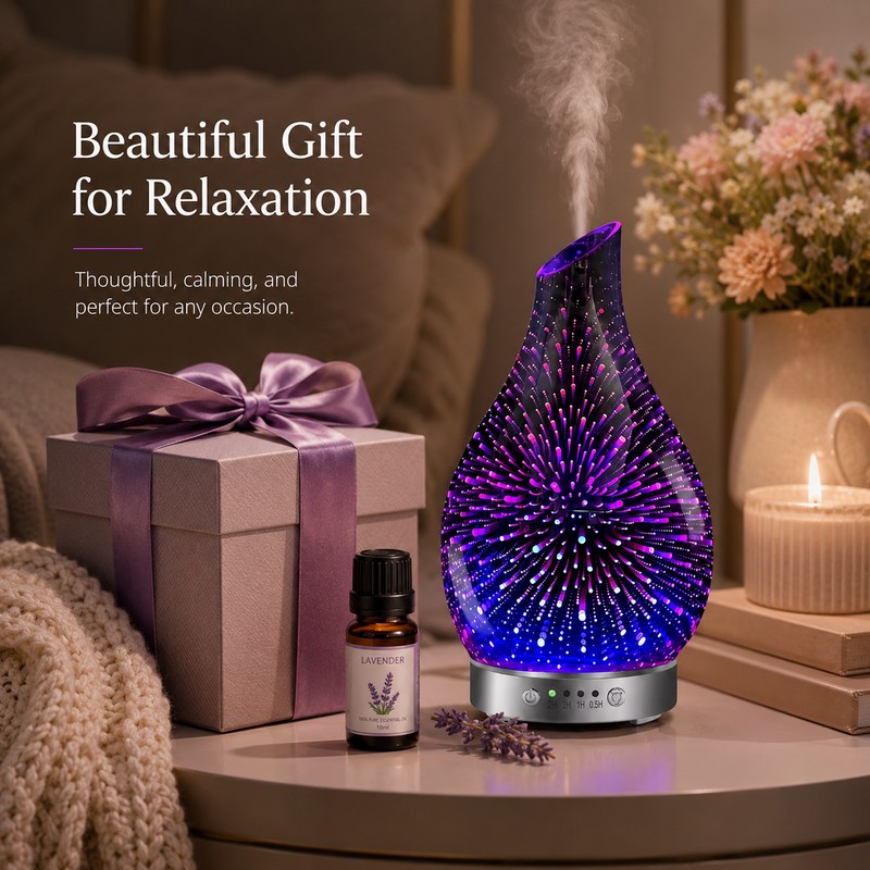Ultrasonic Essential Oil Diffuser for Bedroom Ambiance – 3D Glass