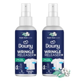 Downy Wrinkle Releaser Spray All In One Wrinkle Release Spray Travel Size, Odor Eliminator, Static Remover Fabric Refresher & Ironing Aid for Clothes 3 Fl Oz (Pack of 2), Crisp Linen Scent