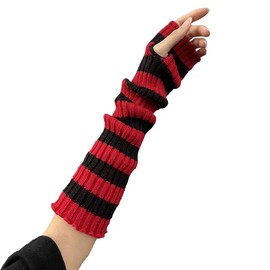 Womens Striped Arm Leg Warmers Set Y2K Knitted Arm Sleeve and Leg Warmer Socks Kawaii Gothic Harajuku for Girls (Black and Red, one size)