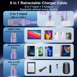 Qreninv 100 W 6‑in‑1 Retractable Fast Charging Cable, PD 3.0 Multi Charging Cable, 1.1M Fast Charging Cord, Tangle‑Free Travel Cord for Phone 5-16 Plus, MaBook, Pad, Galaxy, Lavender Purple