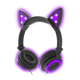 SENTRY Audífonos Orejas de Gato Iluminadas para Niños, con Conexión por Cable de 3.5mm, Auriculares Plegables, Audífonos con Luces de Colores Brillantes, Luces Moradas