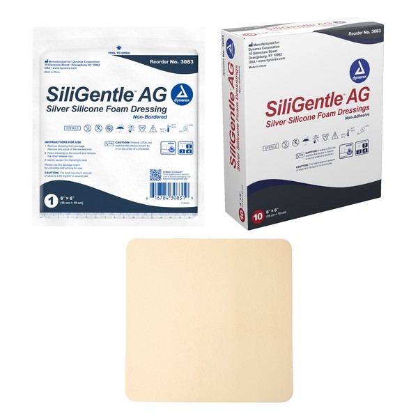 Dynarex SiliGentle AG Silver Silicone Foam Dressings, Wound Care, Soft & Absorbent, White, 6” x 6” Non-Adhesive Foam Pad Dressing with Silicone Layer, 1 Box of 10 Non-Adhesive Silicone Foam Dressings
