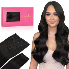 Wennalife Clip-In Human Hair Extensions, 150 g, 35 cm, 9 Pieces, Natural Black Clip-In Hair Extensions, Remy Natural Hair Extensions, Clip Hair Extensions, Real Hair