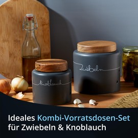 KHG Onion Garlic Storage, Ceramic Stoneware Polished, Anthracite Grey Wood Lid Bamboo, with Decorative Lettering, Capacity 3 L & 1.5 Litres, Onion Pot & Garlic Pot, 2 Pieces, Ventilation Holes