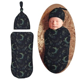 Muishi Space with Leaves Newborn Swaddle Blankets Hat Sets Soft Baby Receiving Blanket Swaddle Sack for Baby Shower Infant Boy Girl Gift