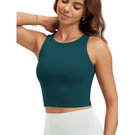 ODODOS Double Layer High Neck Crop Tank for Women Cloud Feeling Sleeveless Casual Yoga Cropped Tops, Forest Teal, Medium
