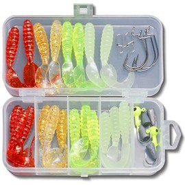 Steinn Rubber Fish Set with Hooks and Offset Jig Heads Fishing Bait Set Perch Zander Pike in Box (32 Pieces Texas Rig)
