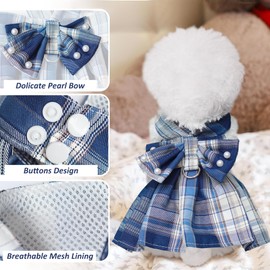 Dog Dress Bowknot Harness Leash Set for Small Dogs Girl Cute Plaid Dog Dress Pearls Bow Tie Spring Summer Princess Clothes Birthday Holiday Doggie Outfits for Puppy Cats Girl Apparel (Red, Large)