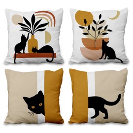 Aoihrraan 24 x 24 Inch Black Cat Cushion Covers Boho Abstract Art Square Linen Throw Pillow Covers Home Decor For Farmhouse Outdoor Patio Garden Living Room Sofa Bedroom Gifts, 61x61cm Set of 4