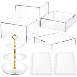 Baderke Baderke 4 Pcs Buffet Risers with Cupcake Stand Holder Serving Tray, Food Risers for Buffet Table, Display Stand Catering Dessert Collectibles, Acrylic Cube Boxes Nesting for Party (Transparent)