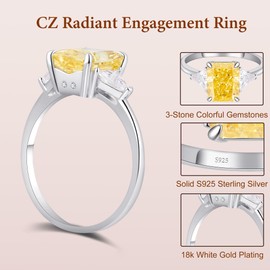 BAGUTTA PAVONE 4CT Radiant Cut Yellow CZ Engagement Rings for Women, Women's 925 Sterling Silver 3-Stone Engagement Promise Ring for Her with 18K White Gold Plated Size 5