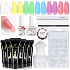 Saviland Poly Gel Nail Kit - 6pcs Clear Jelly Pink Nude Poly Nail Gel with UV Light Base and Top Gel Slip Solution, Nail Tool for Extension Gel Nail Nail Tools, Nail Extension Kit for Beginners Nail