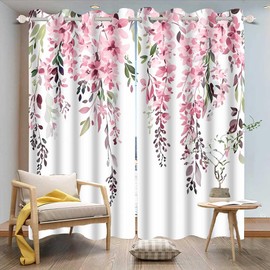 EOTDMS - Cortinas florales de acuarela rosa de 84 pulgadas de largo, hojas botánicas, flores de vid y flores de granja, cortinas opacas para tratamiento de ventana para recámara, sala de estar, 52 x
