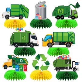 8 Pcs Garbage Truck Party Decoration, Trash Truck Theme Honeycomb Centerpieces 3D Double Sided Table Decorations, Photo Booth Props for Kids Boys Girls Birthday Party Supplies