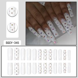 Press on Nails Long Coffin Shaped Glossy Full Cover Acrylic Square Long False Nails with Designs Artificial Extra Long Coffin Fake Nails with Charm Glue Stick on Fingernails for Women Girls(SGCY345)
