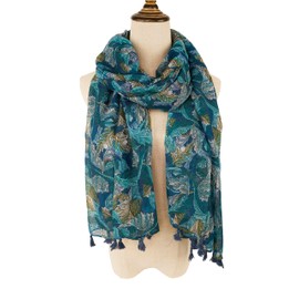 YOUR SMILE Large Boho Scarf for Women Lightweight Floral Printed Scarves Fall Winter Fashion Fringed Shawl wraps (01 Teal Leaves)