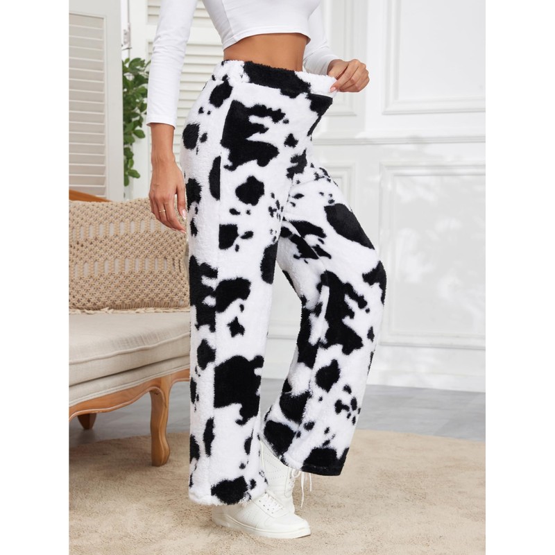 FUVYKOL Women's Cow Fuzzy Fleece Pajama Pants High Waist Elastic