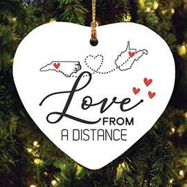 Christmas Ornaments 2024 Long Distance North Carolina West Virginia State, Love from A Distance - Merry for Her, Him - Long Distance Relationship Ornament 3" Flat Heart