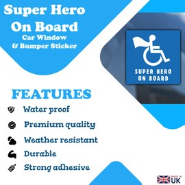Disabled Person On Board - Super Hero on Board Novelty Blue Badge Car Bumper Sticker - 100mm x 100mm - Car Decal