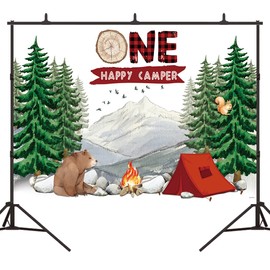 Bellicremas Happy Camper One Birthday Backdrop Forest Bear Camping Adventure 1st Birthday Decorations Red Tent Campfire Boys First Bday Outdoor Supplies Photobooth Studio Banner
