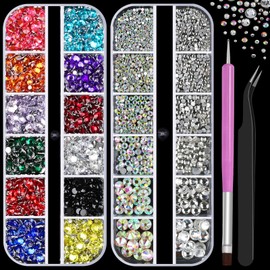 2 Boxes Flatback Glass and Resin Rhinestones with Tweezers and Brush Kit, Sparkling 1.5-6mm Clear & AB Flatback Crystal Gems, 2-5mm Mixed Size Resin Rhinestones for Face Makeup Manicure Crafts(9-K2)