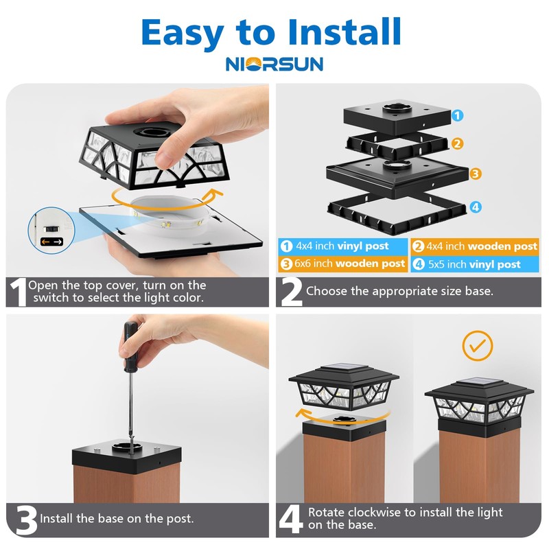 NIORSUN Solar Post Lights Outdoor 6 Pack, 2 Modes LED,
