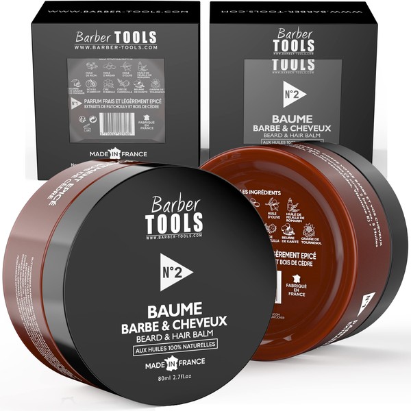 Barber Tools Beard Balm N°2 with 100% Natural Oils 80 ml - Made in France - Nourishes, Hydrated, Textured With 2 Waxes, 2 Butters, 5 Vegetable Oils, 2 Essential Oils, Vitamin E