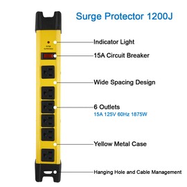 Heavy Duty Power Strip Surge Protector, 6 Outlet Industrial Power Strip with 15A, Shop Workshop Garden Metal Power Strip with 6FT Cord 1200 Joules ETL Listed.
