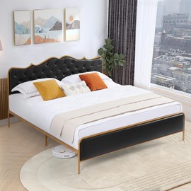 Dolonm King Size Bed Frame, Upholstered Platform Bed with Headboard, No Box Spring Needed, Non-Slip and Noise-Fress, Black