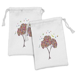Lunarable Tree of Life Fabric Pouch Set of 2, Colorful Nature Butterflies Heart Happiness Love Theme Bloom Summer Season, Small Drawstring Bag for Toiletries Masks and Favors, 9" x 6", Multicolor